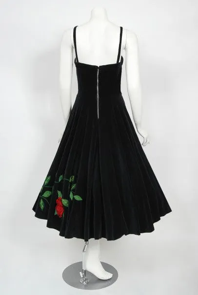 1950's Juli Lynne Charlot Red Roses Appliqué Black Velvet Full Dress