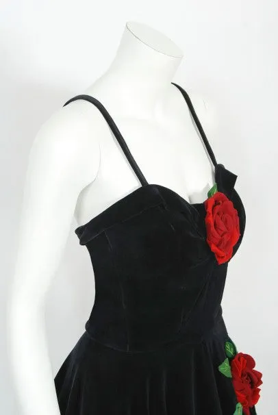 1950's Juli Lynne Charlot Red Roses Appliqué Black Velvet Full Dress