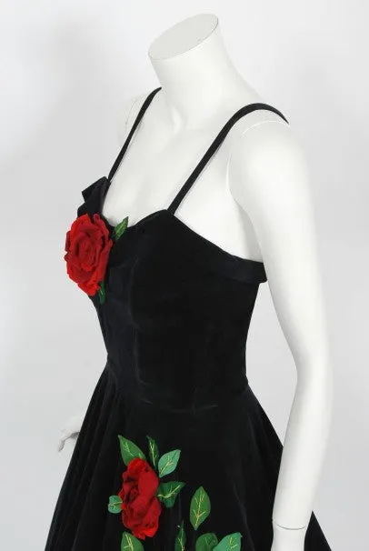 1950's Juli Lynne Charlot Red Roses Appliqué Black Velvet Full Dress