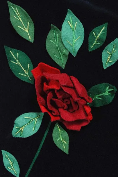 1950's Juli Lynne Charlot Red Roses Appliqué Black Velvet Full Dress