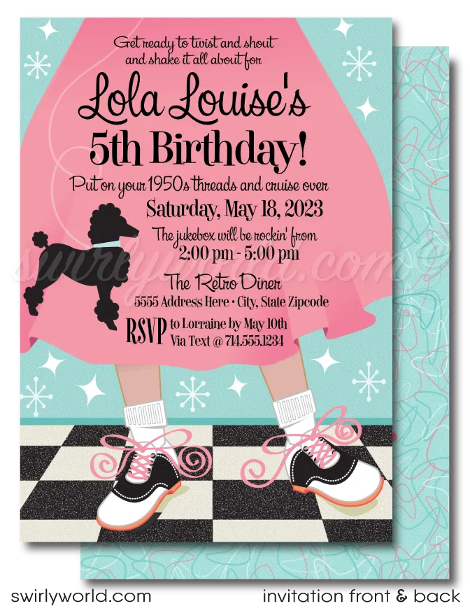 1950s Retro Pink Ladies Grease Poodle Skirt Sock Hop Fifties Birthday Party Invitations