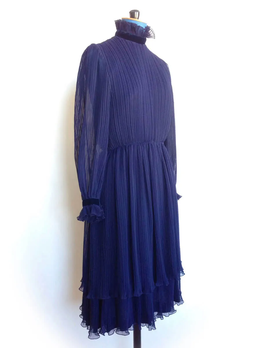 1960s Cocktail Dress Navy Chiffon Ruffles
