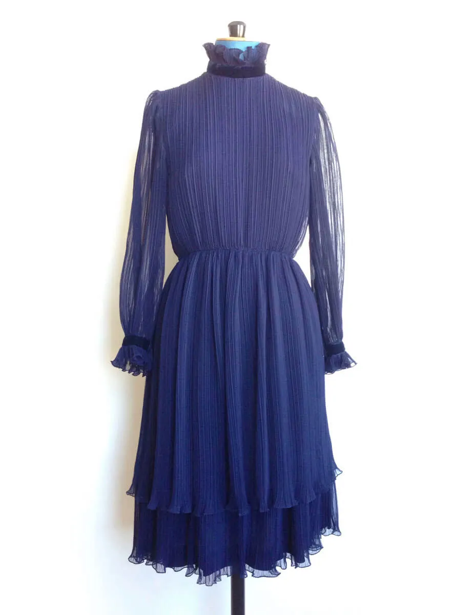 1960s Cocktail Dress Navy Chiffon Ruffles