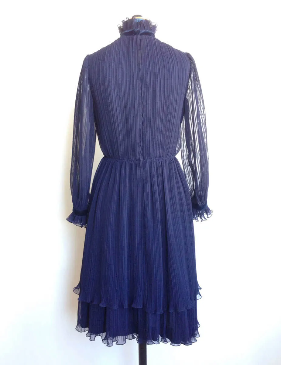 1960s Cocktail Dress Navy Chiffon Ruffles