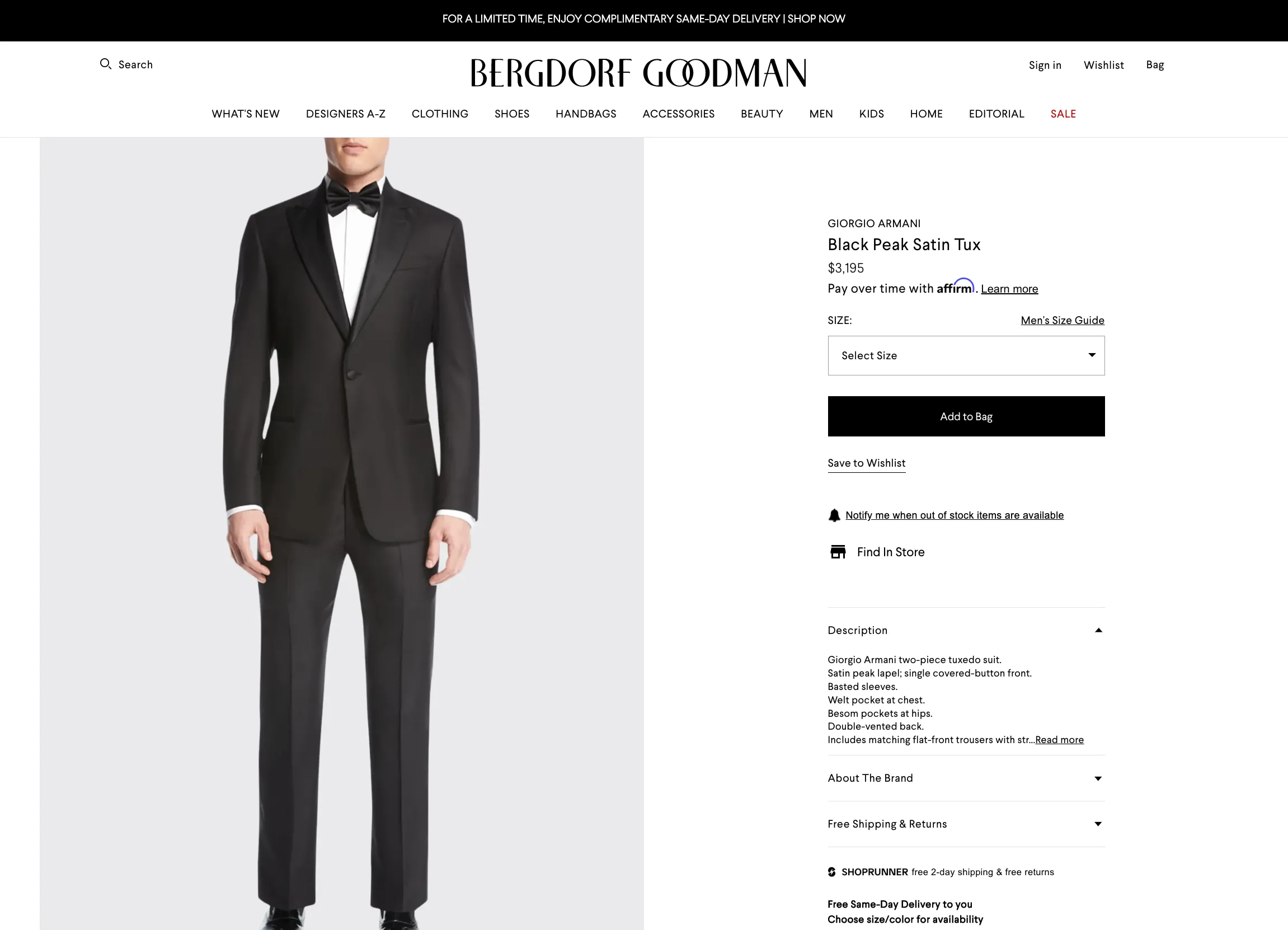 $3,995 GIORGIO ARMANI - "SOFT" Black SILK LINED 160's Peak Lapel Tuxedo - 50L