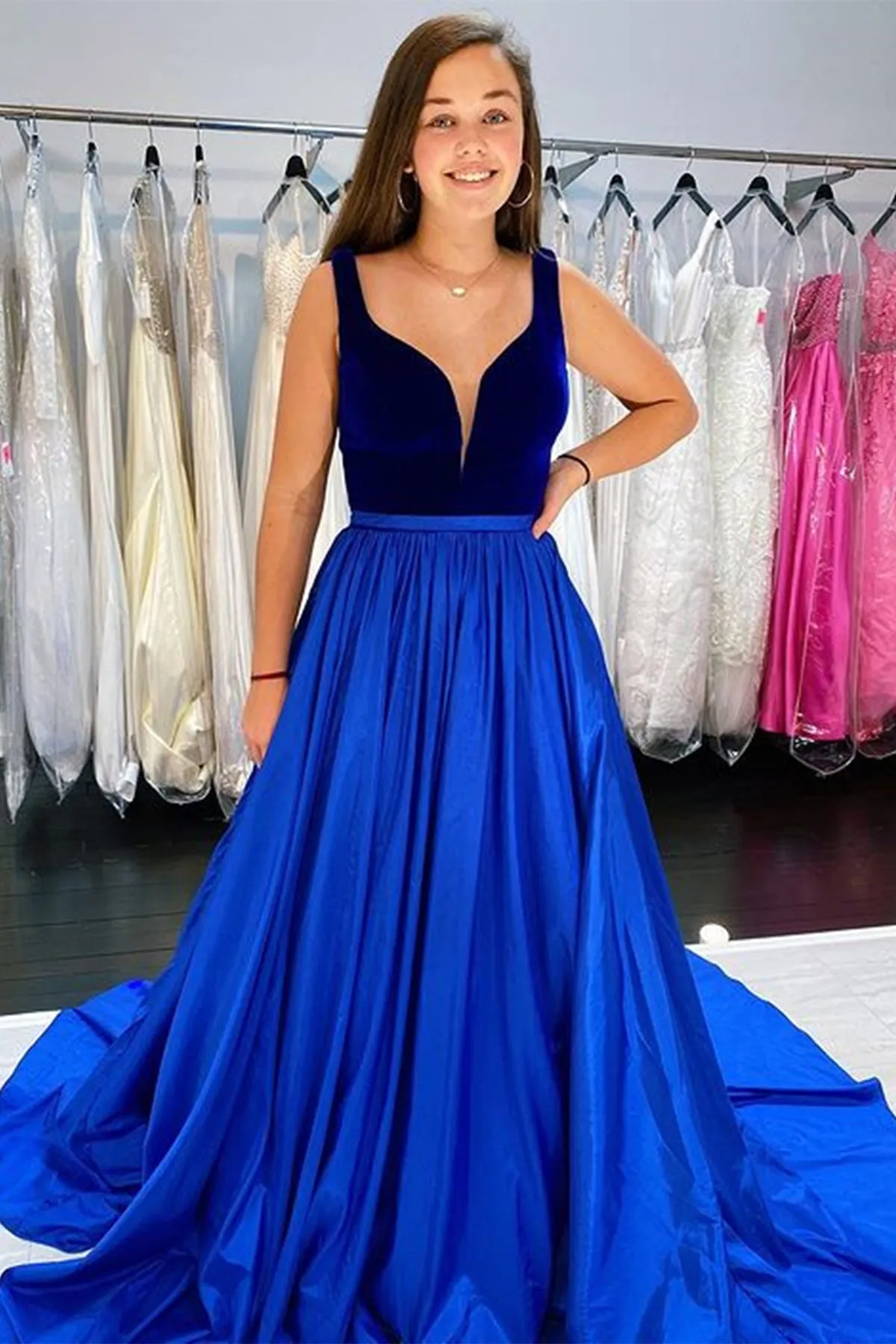 A Line V Neck Blue Velvet Top Long Prom Dress with Pocket, V Neck Blue Formal Graduation Evening Dress A1797