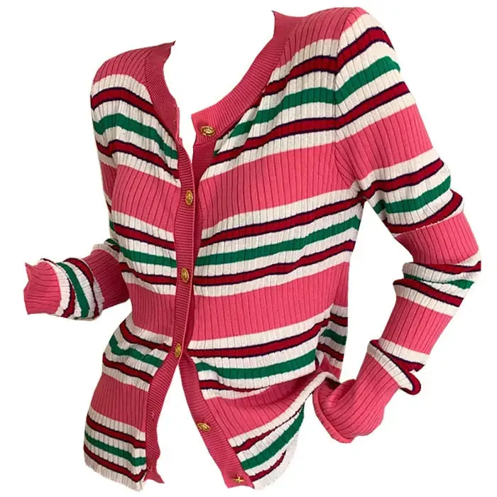 Aesthetic Ribbed Cardigan with Button-Up Closure and Pink Stripes