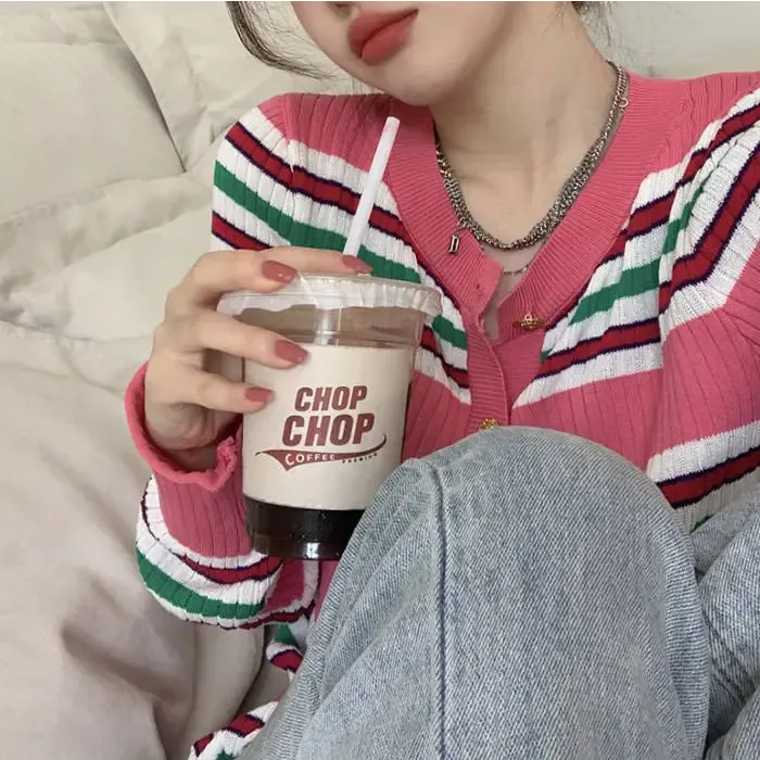 Aesthetic Ribbed Cardigan with Button-Up Closure and Pink Stripes