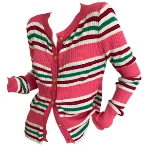 Aesthetic Ribbed Cardigan with Button-Up Closure and Pink Stripes
