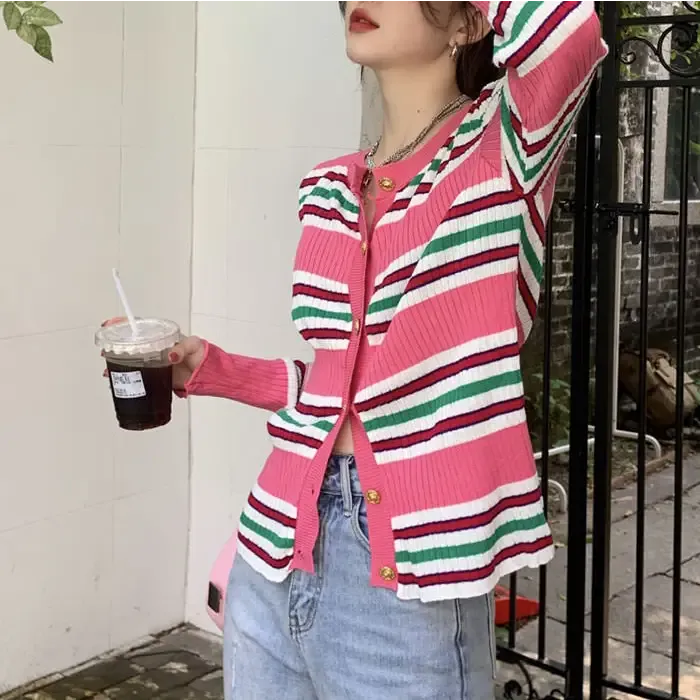 Aesthetic Ribbed Cardigan with Button-Up Closure and Pink Stripes