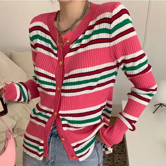 Aesthetic Ribbed Cardigan with Button-Up Closure and Pink Stripes