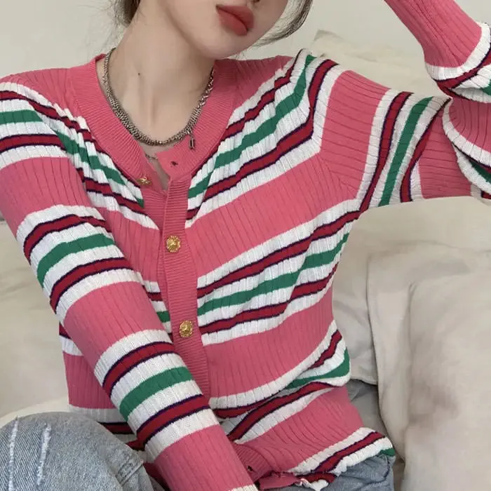 Aesthetic Ribbed Cardigan with Button-Up Closure and Pink Stripes