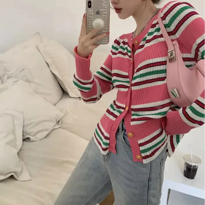 Aesthetic Ribbed Cardigan with Button-Up Closure and Pink Stripes