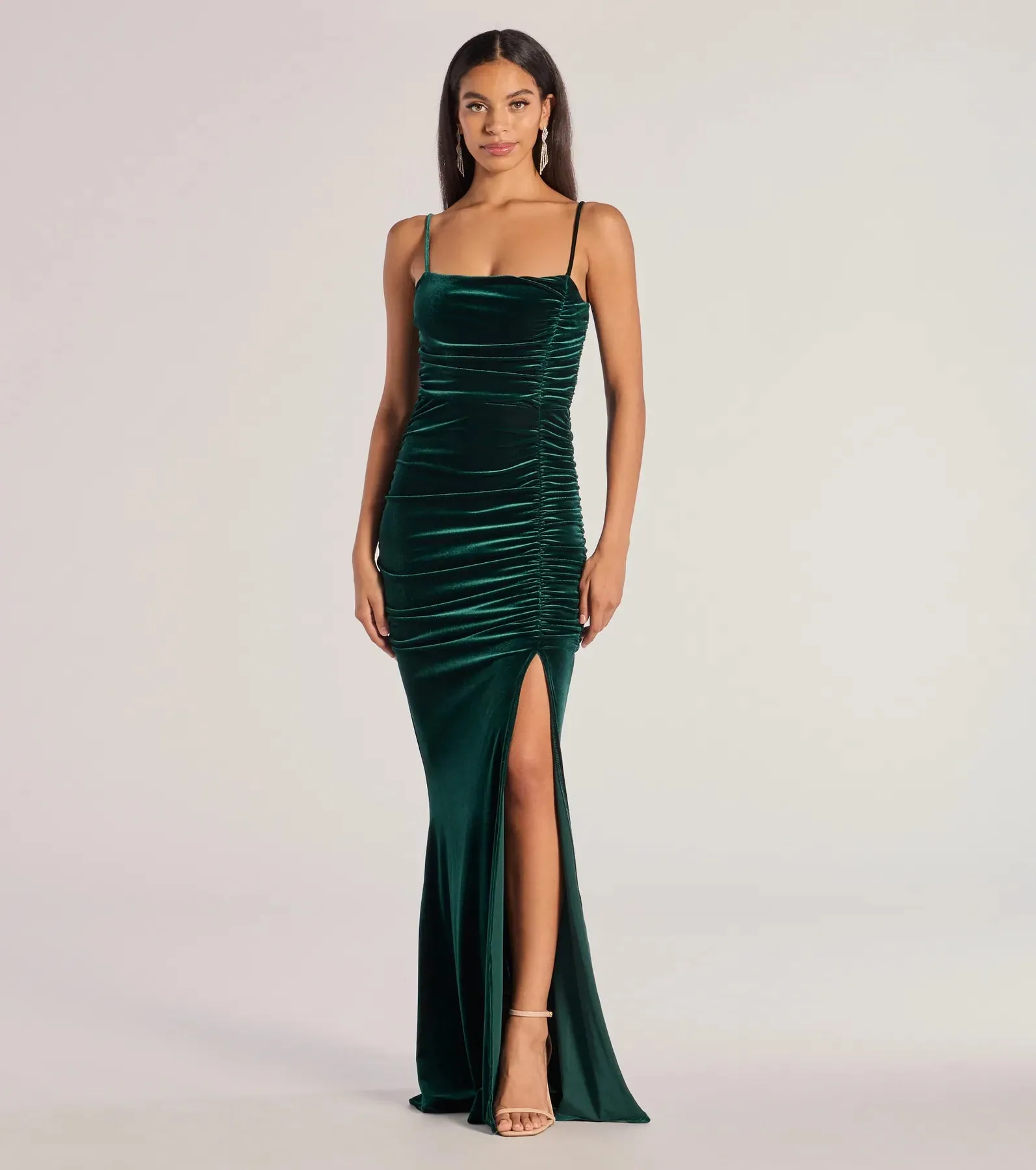 Alondra Ruched Velvet Front Slit Mermaid Dress
