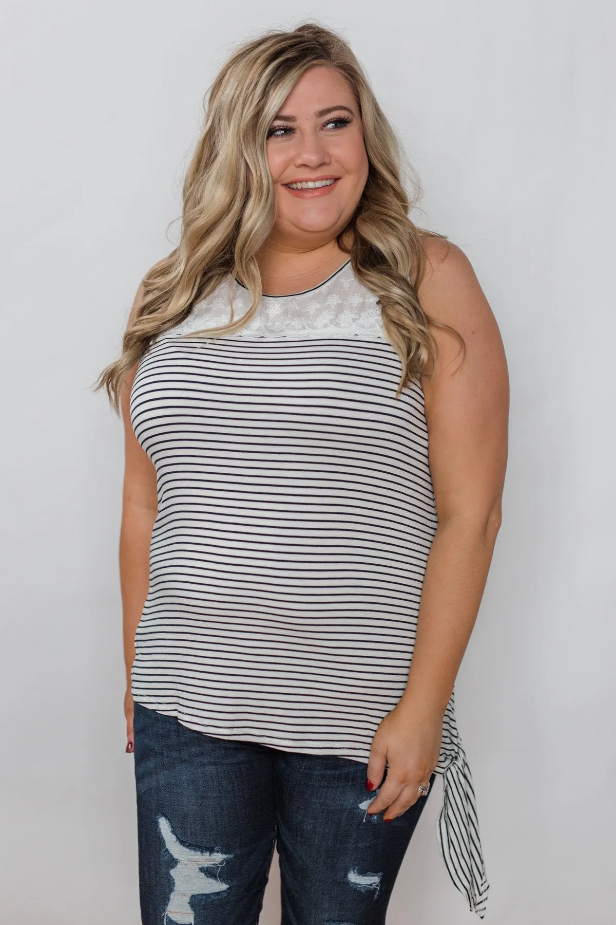 Always More Lace Trimmed Stripe Tank - Ivory & Black