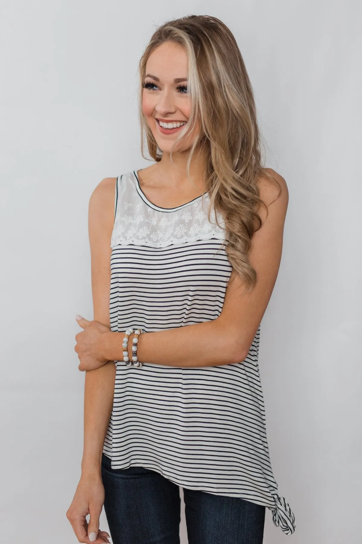 Always More Lace Trimmed Stripe Tank - Ivory & Black