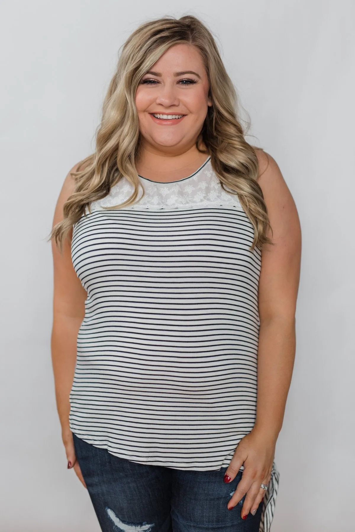 Always More Lace Trimmed Stripe Tank - Ivory & Black