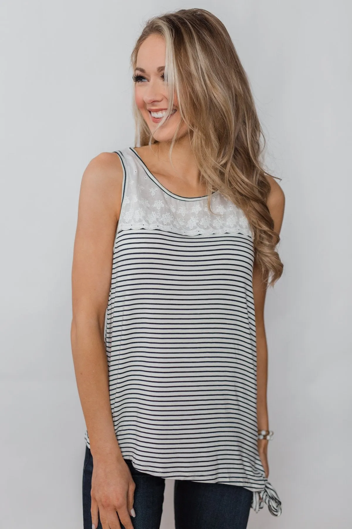 Always More Lace Trimmed Stripe Tank - Ivory & Black