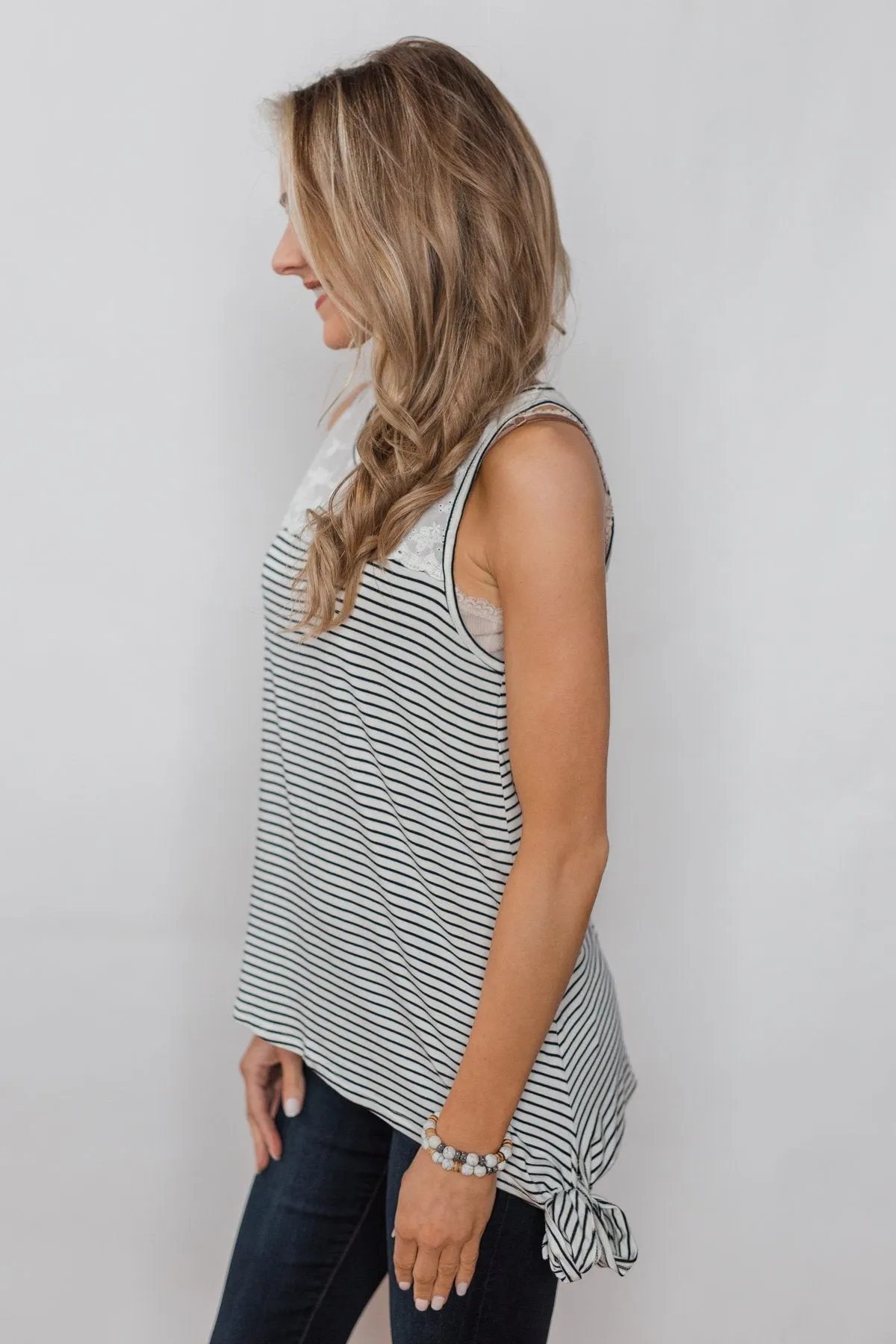 Always More Lace Trimmed Stripe Tank - Ivory & Black