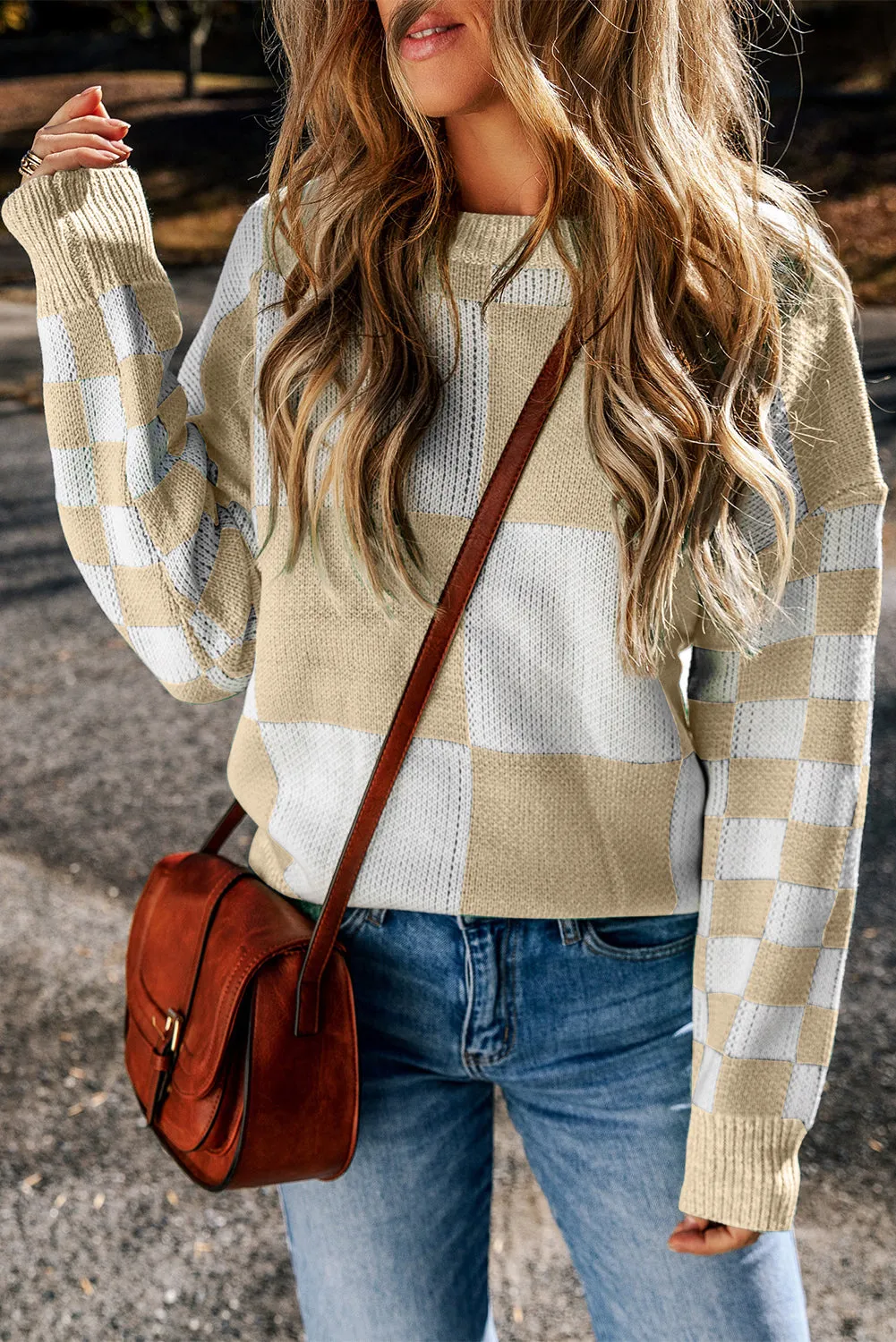 Amber Checkered Round Neck Drop Shoulder Sweater