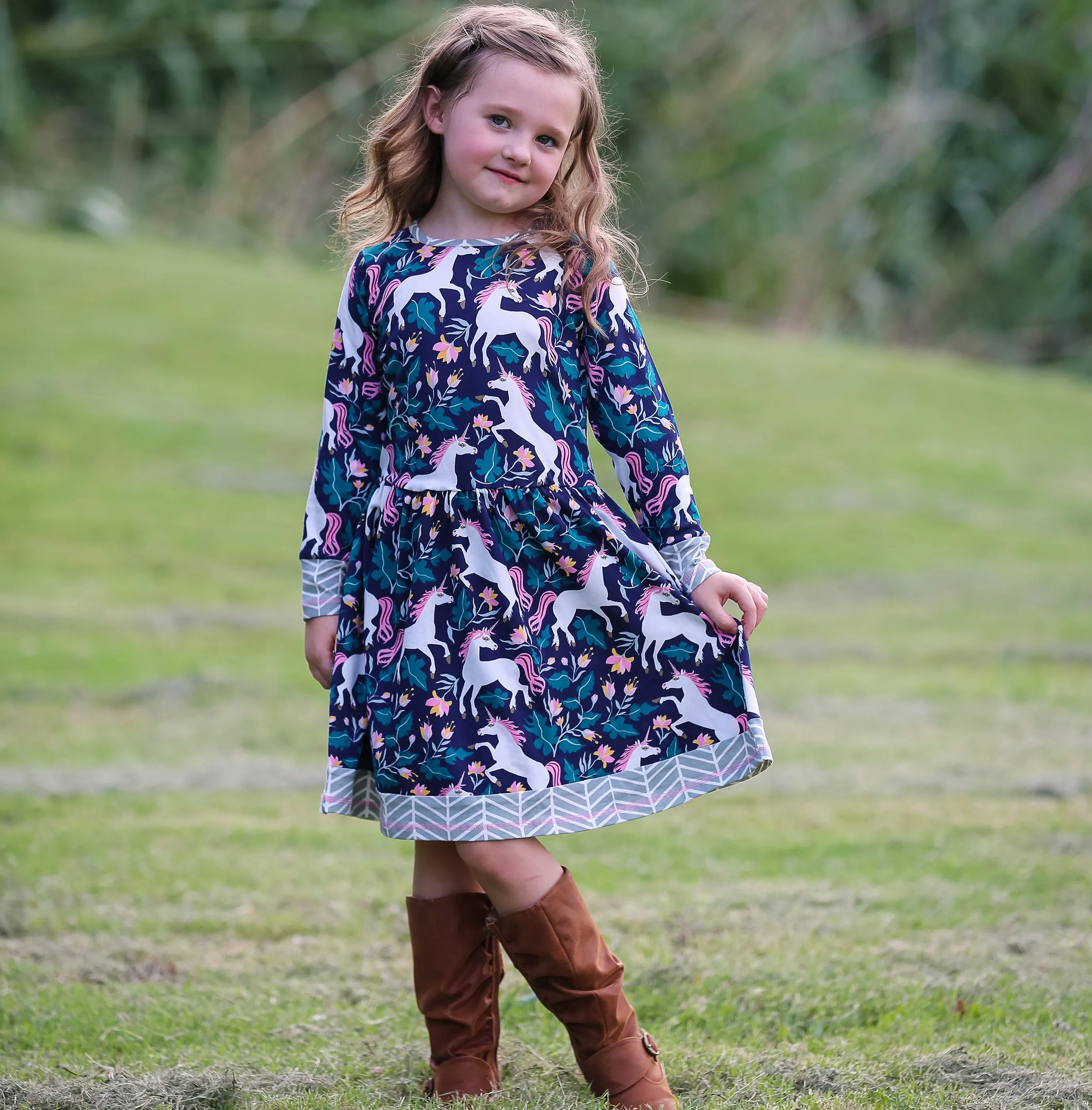 AnnLoren Baby Big Girls Boutique Original Unicorn Polka Dot Cotton Fall Winter Dress