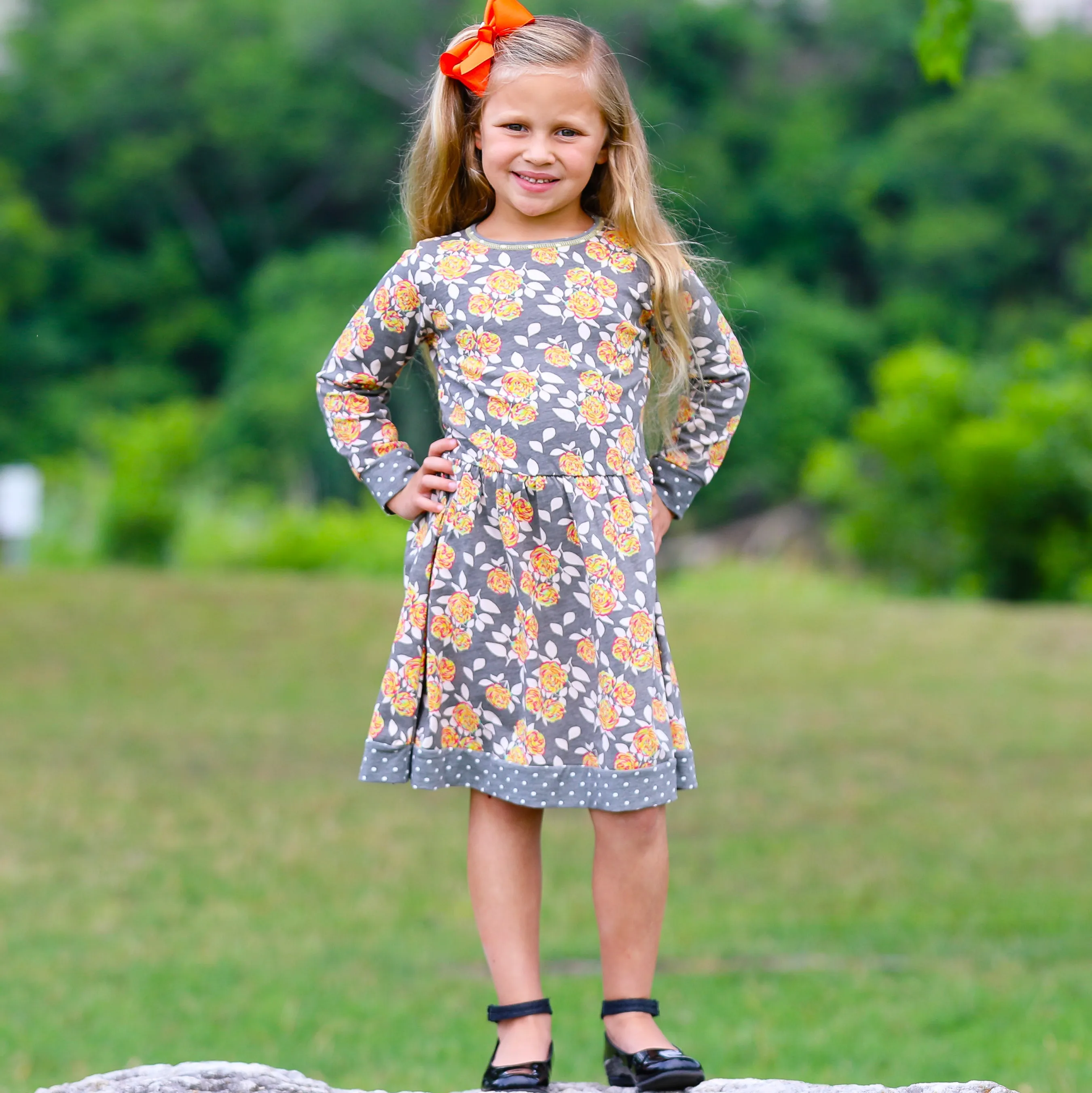 AnnLoren Girls Boutique Grey Peach Shabby Fall Floral Long Sleeve Cotton Dress