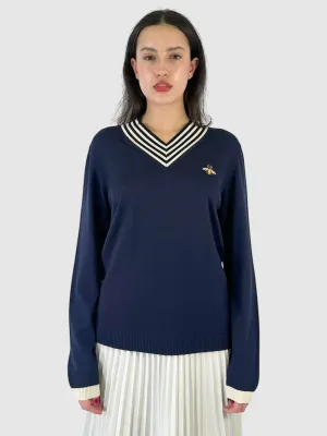 Applique Bee V-Neck Wool Sweater - Size Medium