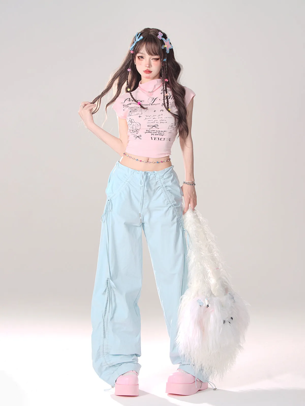 Asia Solid Color Pink Baggy Coquette Design Parachute Pants, Cute Blue Ribbon Drawstring Tie Straight Leg Oversized Pants