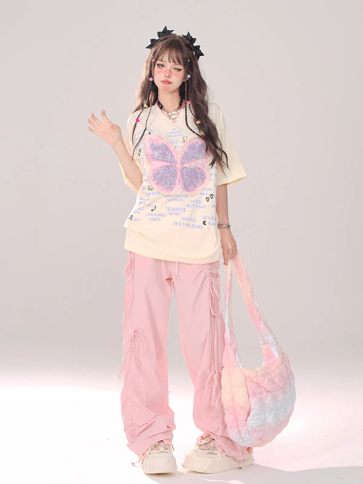 Asia Solid Color Pink Baggy Coquette Design Parachute Pants, Cute Blue Ribbon Drawstring Tie Straight Leg Oversized Pants