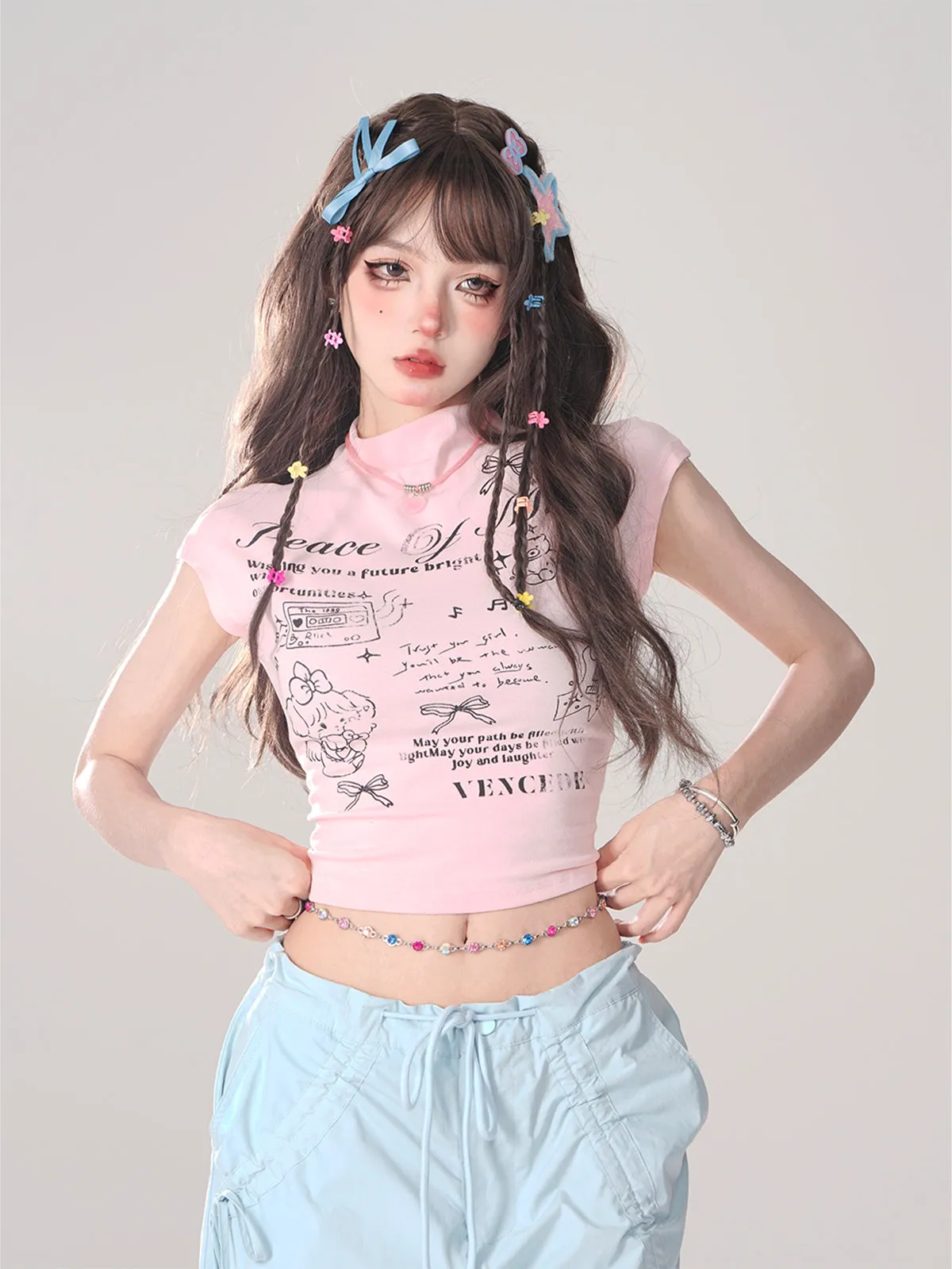 Asia Solid Color Pink Baggy Coquette Design Parachute Pants, Cute Blue Ribbon Drawstring Tie Straight Leg Oversized Pants