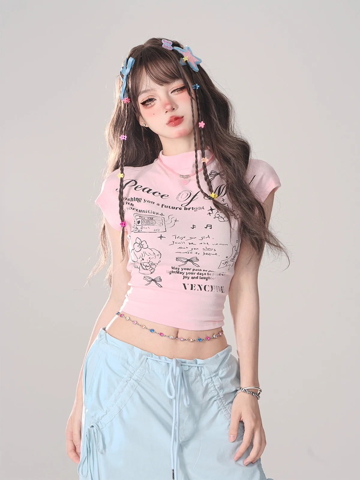 Asia Solid Color Pink Baggy Coquette Design Parachute Pants, Cute Blue Ribbon Drawstring Tie Straight Leg Oversized Pants