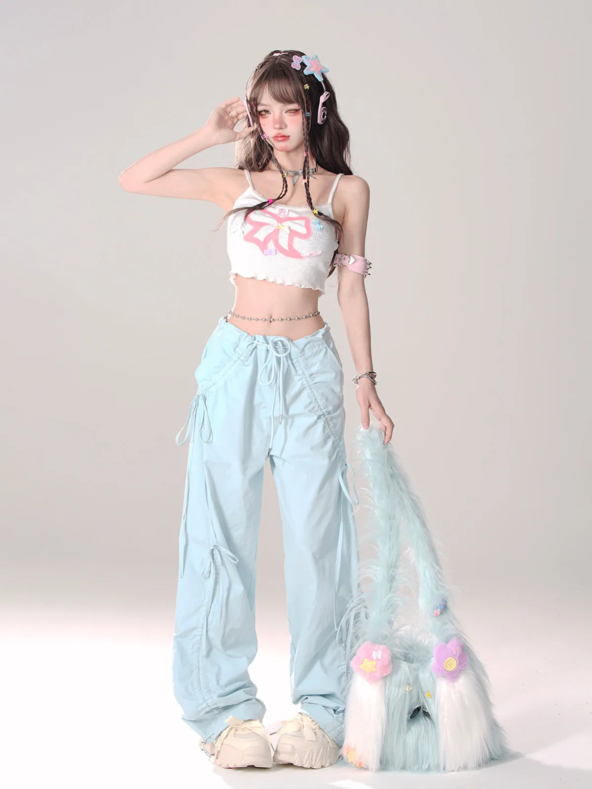 Asia Solid Color Pink Baggy Coquette Design Parachute Pants, Cute Blue Ribbon Drawstring Tie Straight Leg Oversized Pants