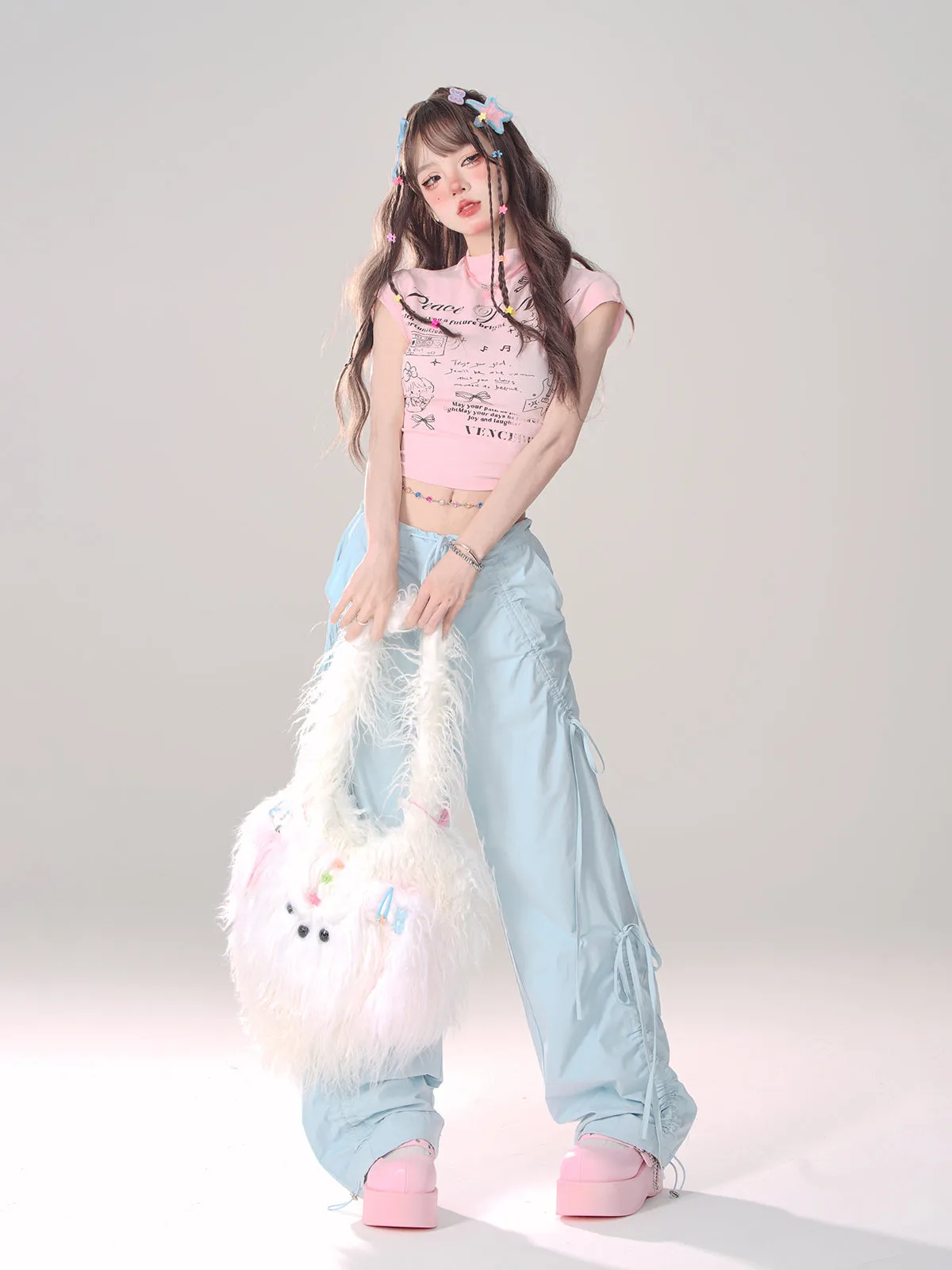 Asia Solid Color Pink Baggy Coquette Design Parachute Pants, Cute Blue Ribbon Drawstring Tie Straight Leg Oversized Pants