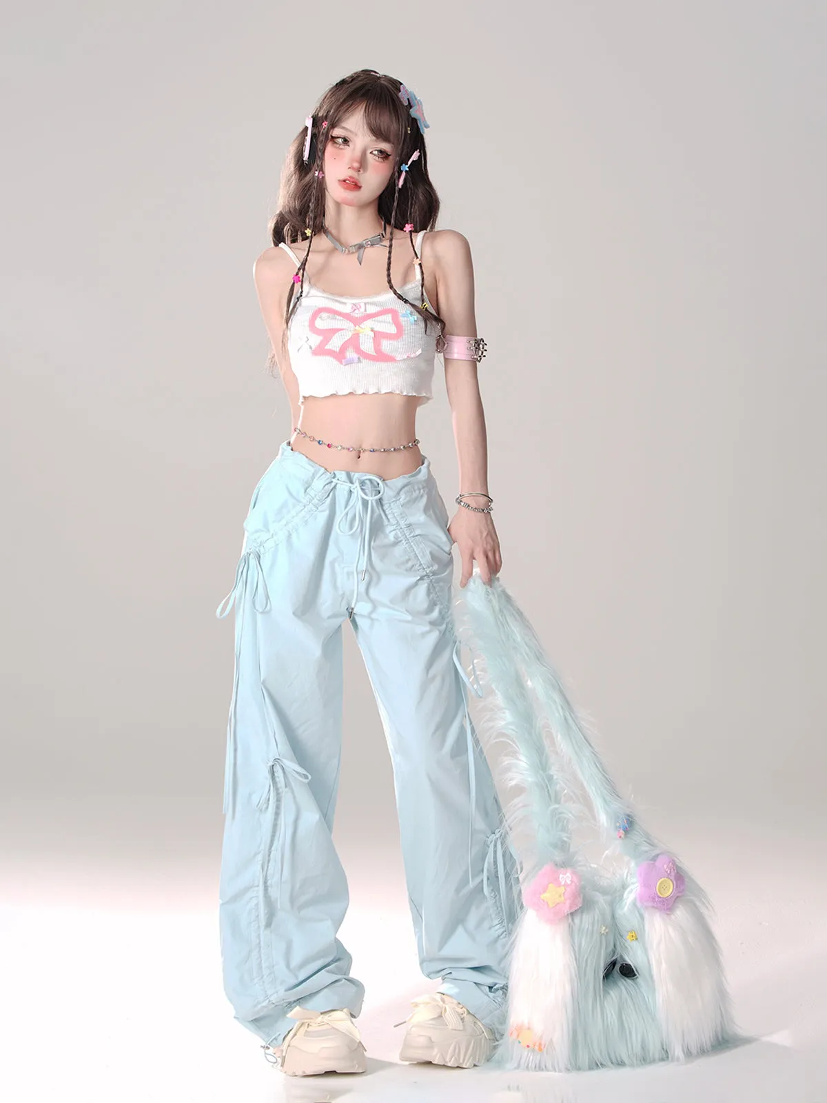 Asia Solid Color Pink Baggy Coquette Design Parachute Pants, Cute Blue Ribbon Drawstring Tie Straight Leg Oversized Pants