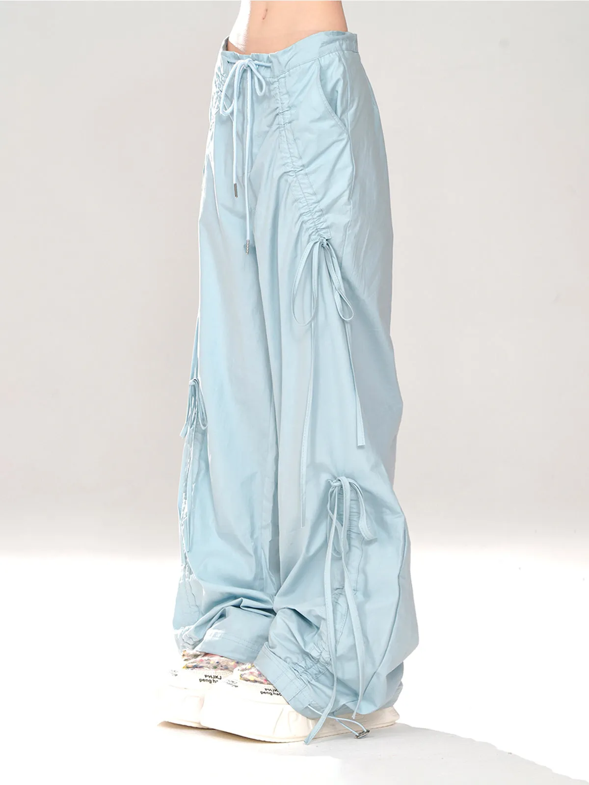 Asia Solid Color Pink Baggy Coquette Design Parachute Pants, Cute Blue Ribbon Drawstring Tie Straight Leg Oversized Pants