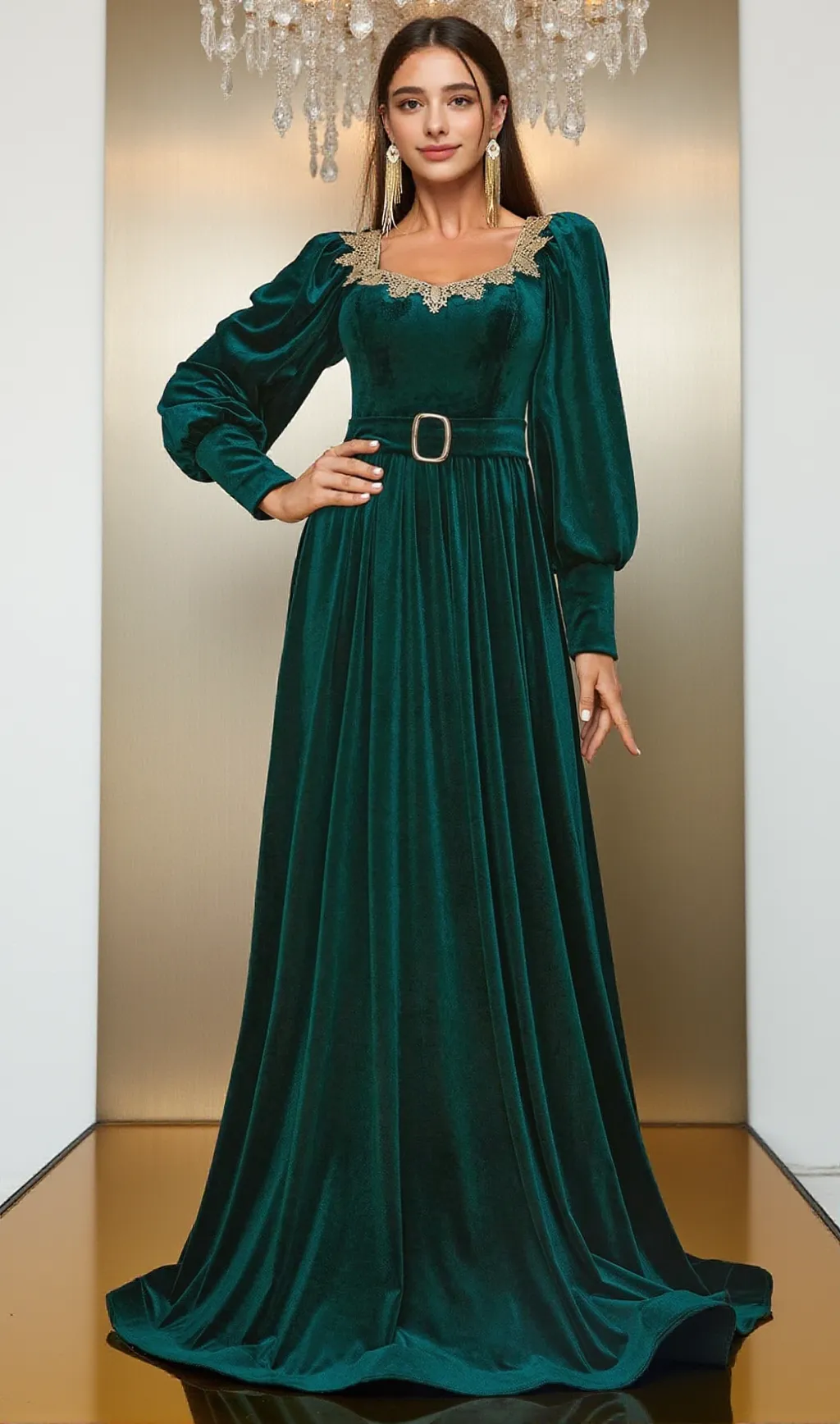 ATHENA VELVET LANTERN SLEEVE MAXI DRESS IN DARK GREEN