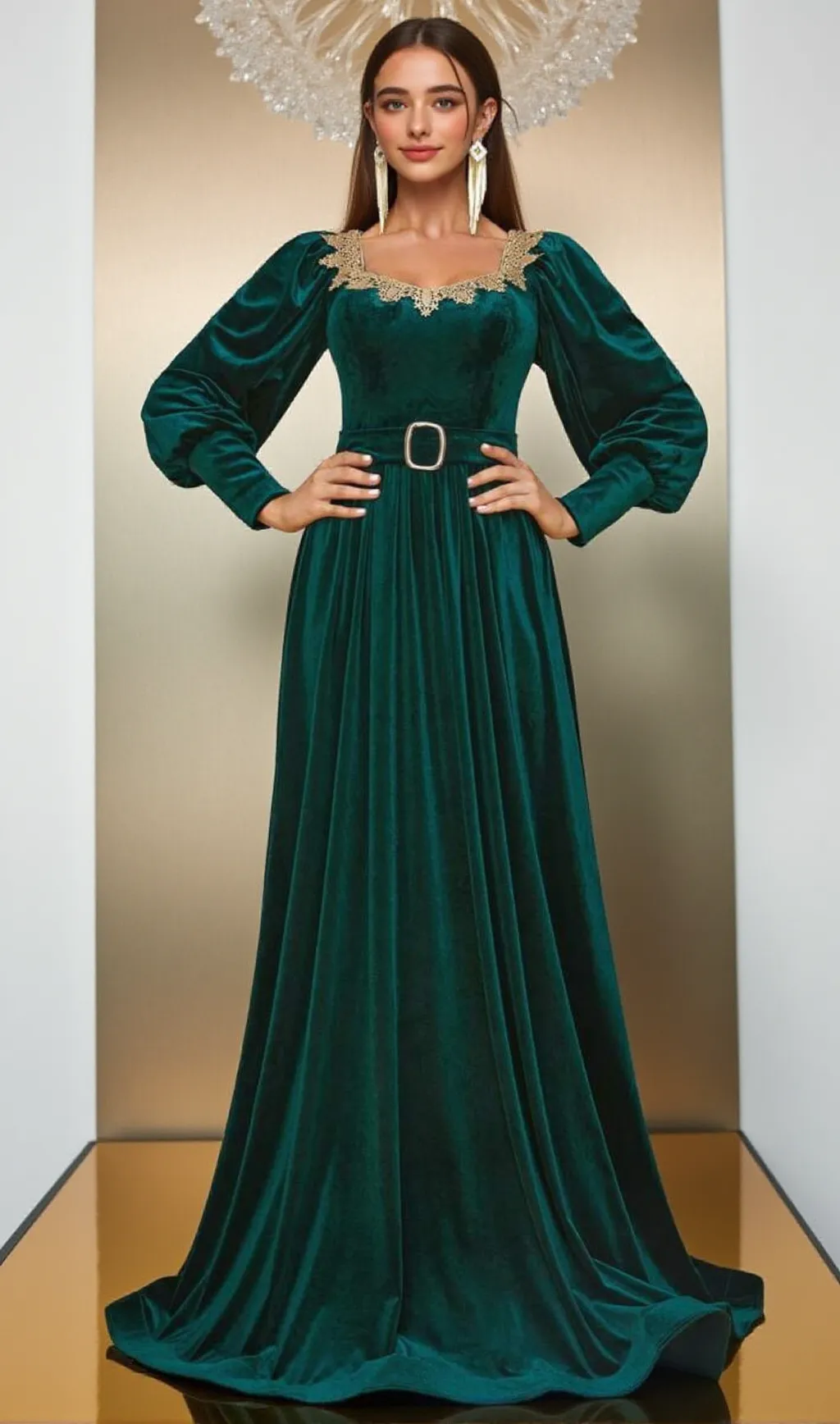 ATHENA VELVET LANTERN SLEEVE MAXI DRESS IN DARK GREEN