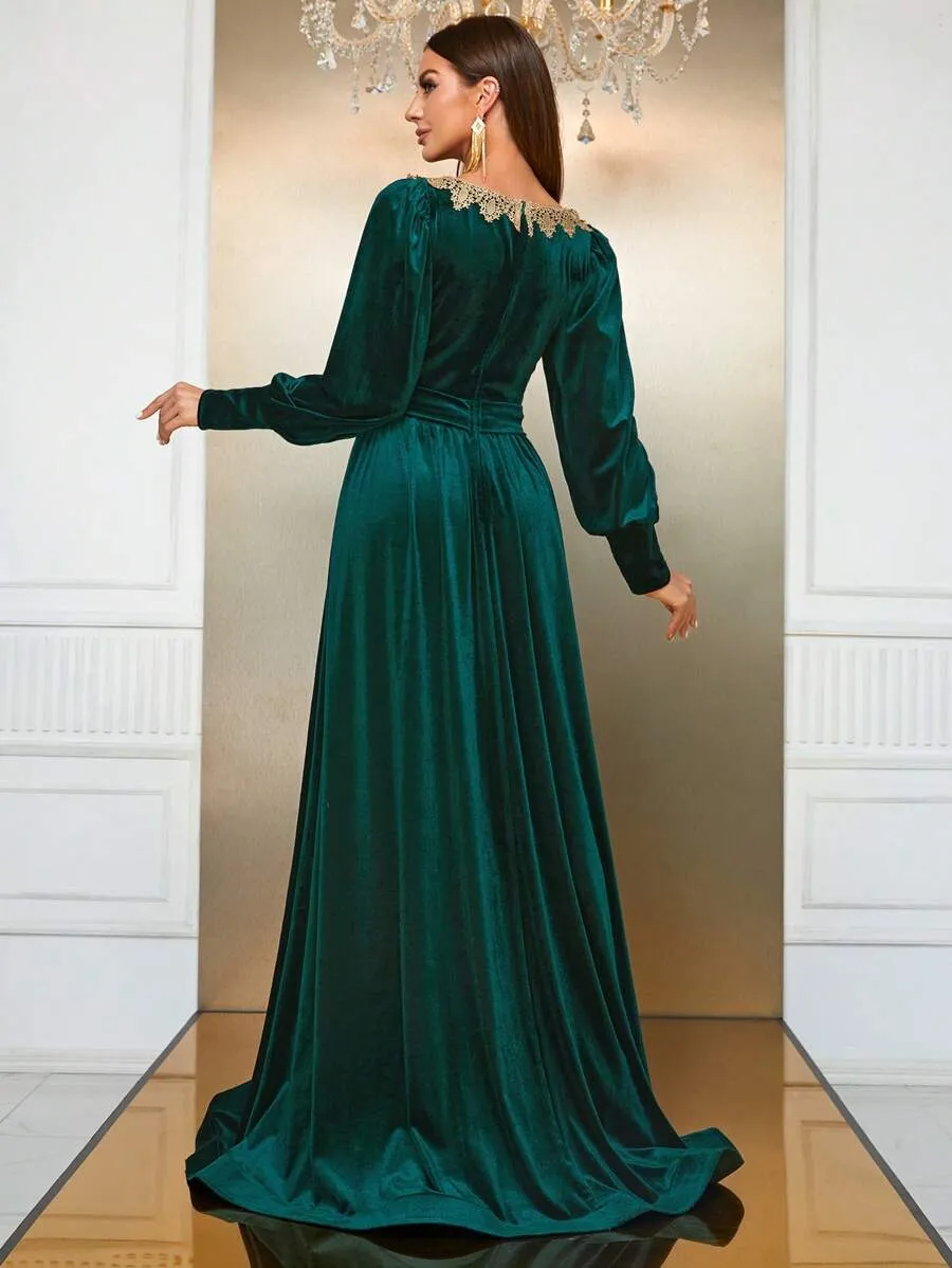 ATHENA VELVET LANTERN SLEEVE MAXI DRESS IN DARK GREEN