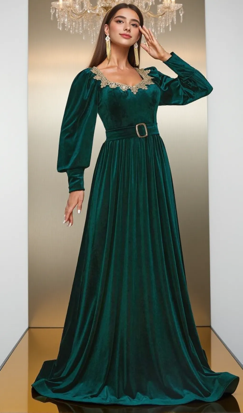 ATHENA VELVET LANTERN SLEEVE MAXI DRESS IN DARK GREEN