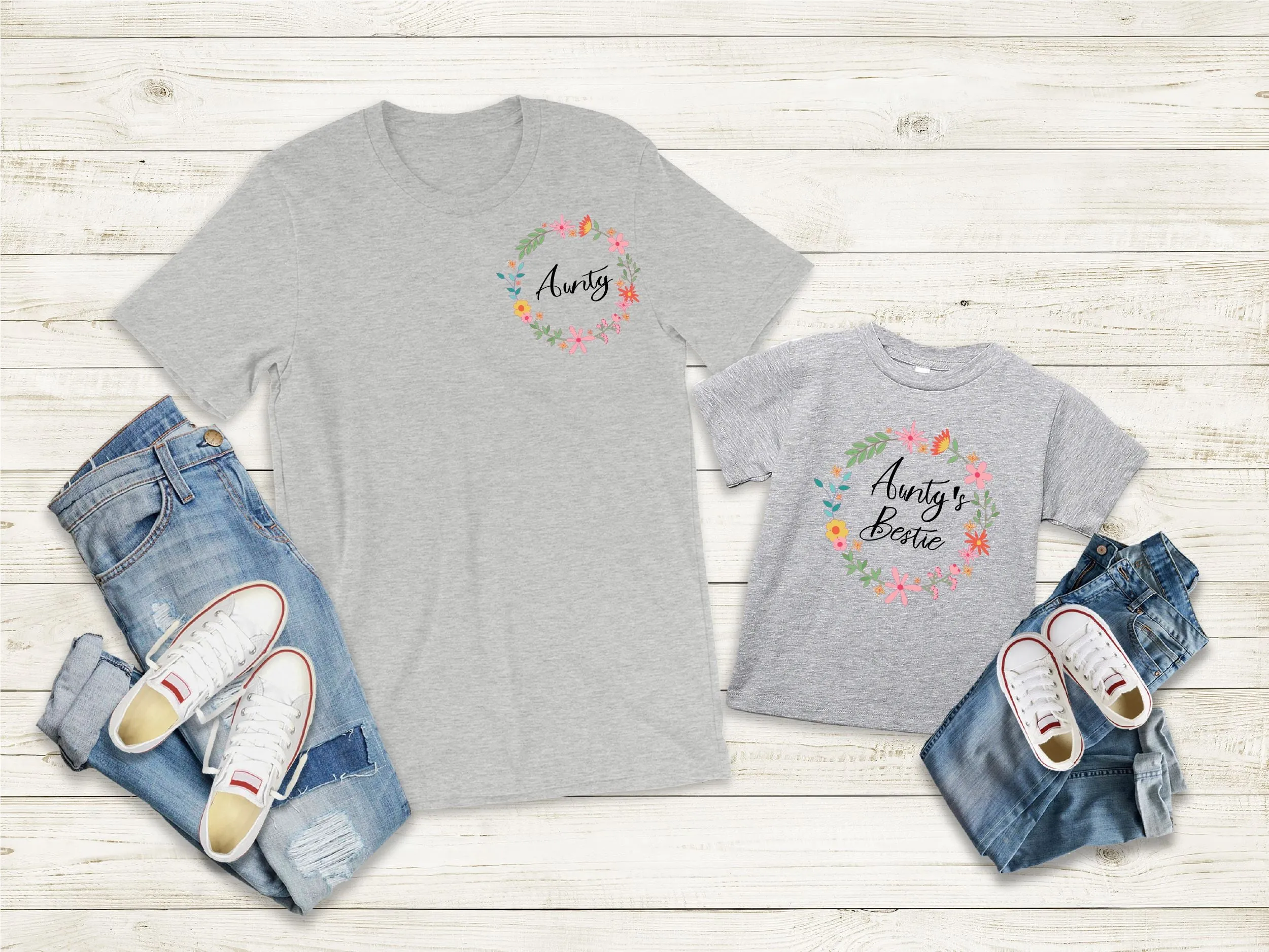 Aunty & Aunty's Bestie Floral Wreath T-Shirts