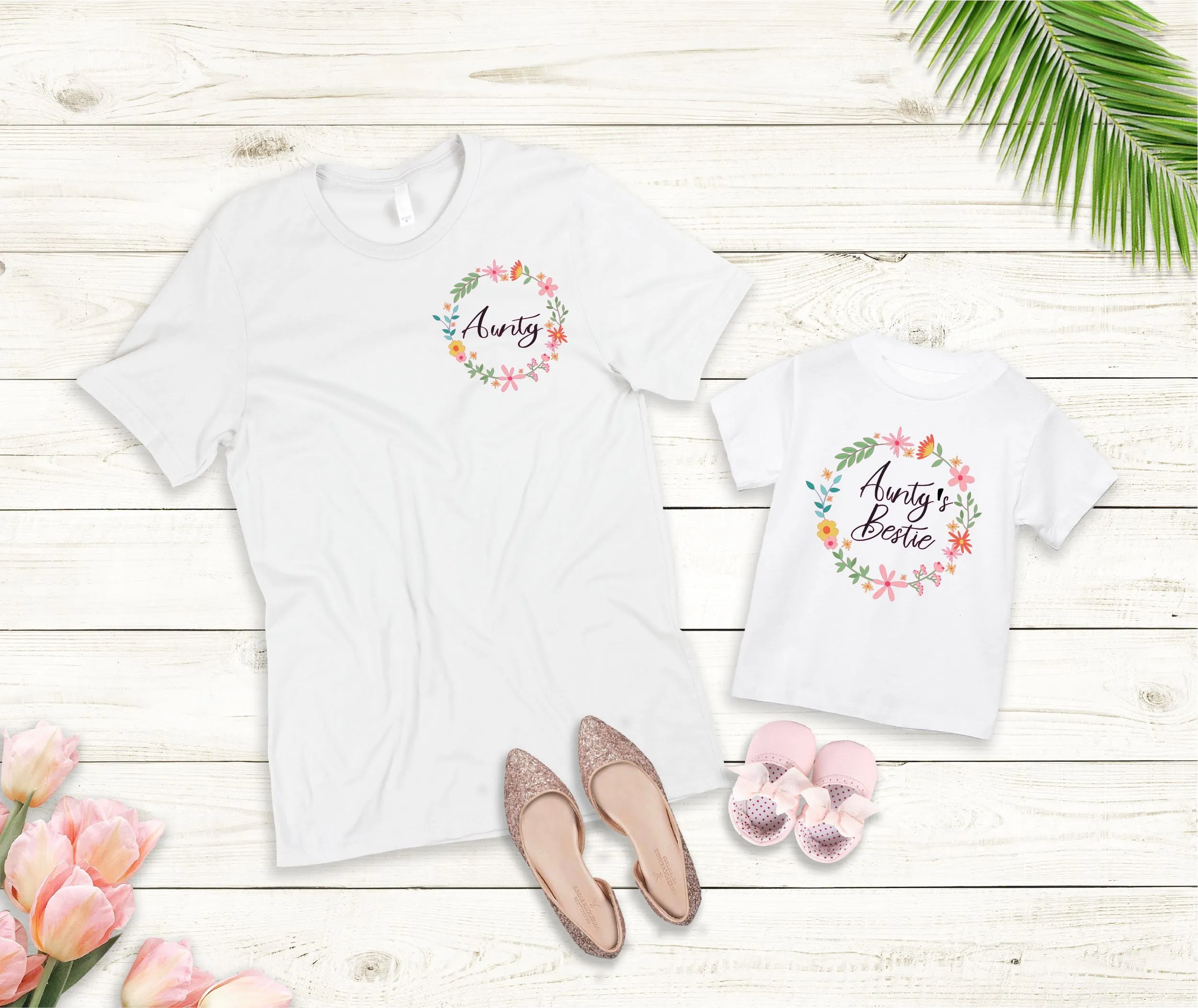 Aunty & Aunty's Bestie Floral Wreath T-Shirts