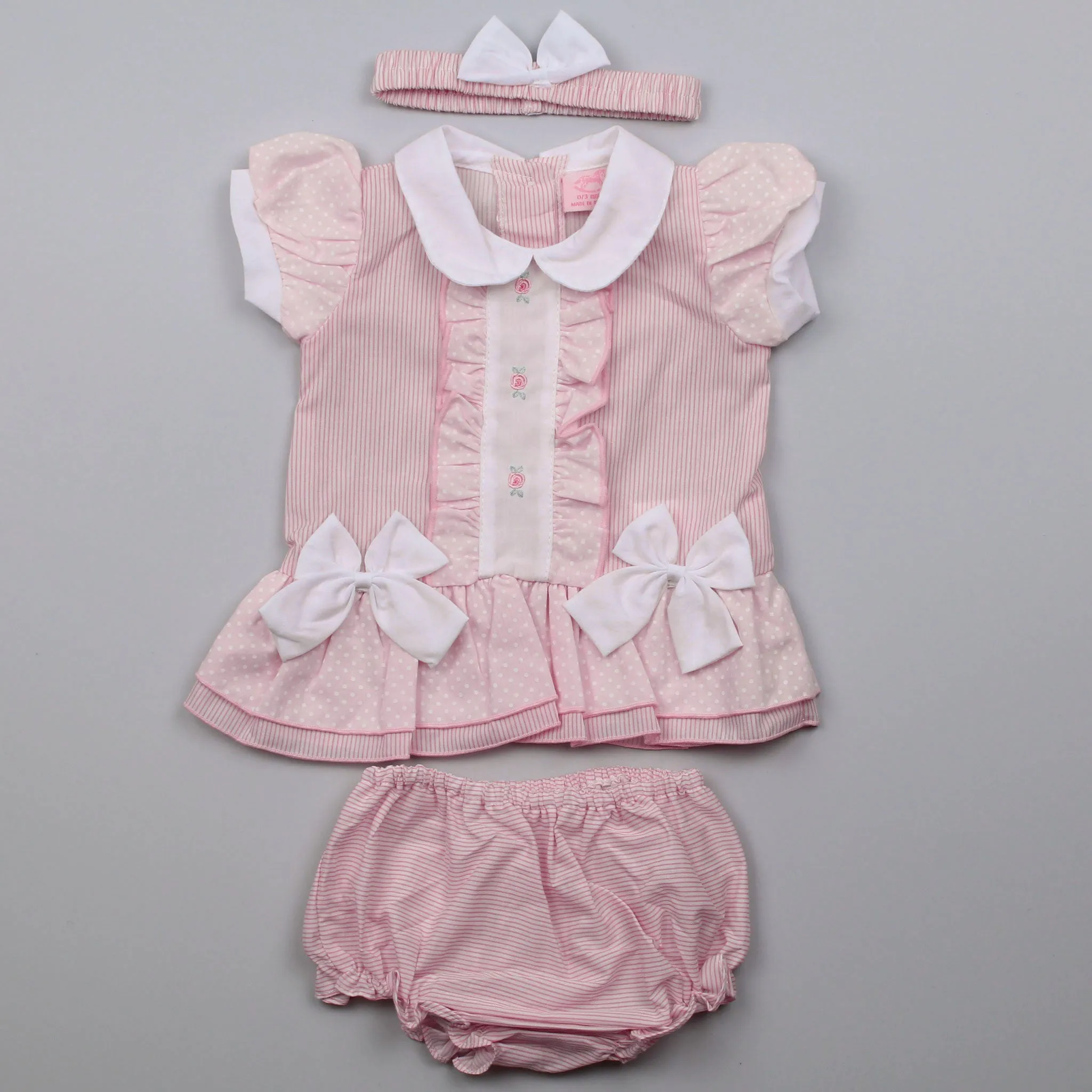 Baby Girls Pink Dress 3 Piece Set - Flowers, Stripes & Polka dots