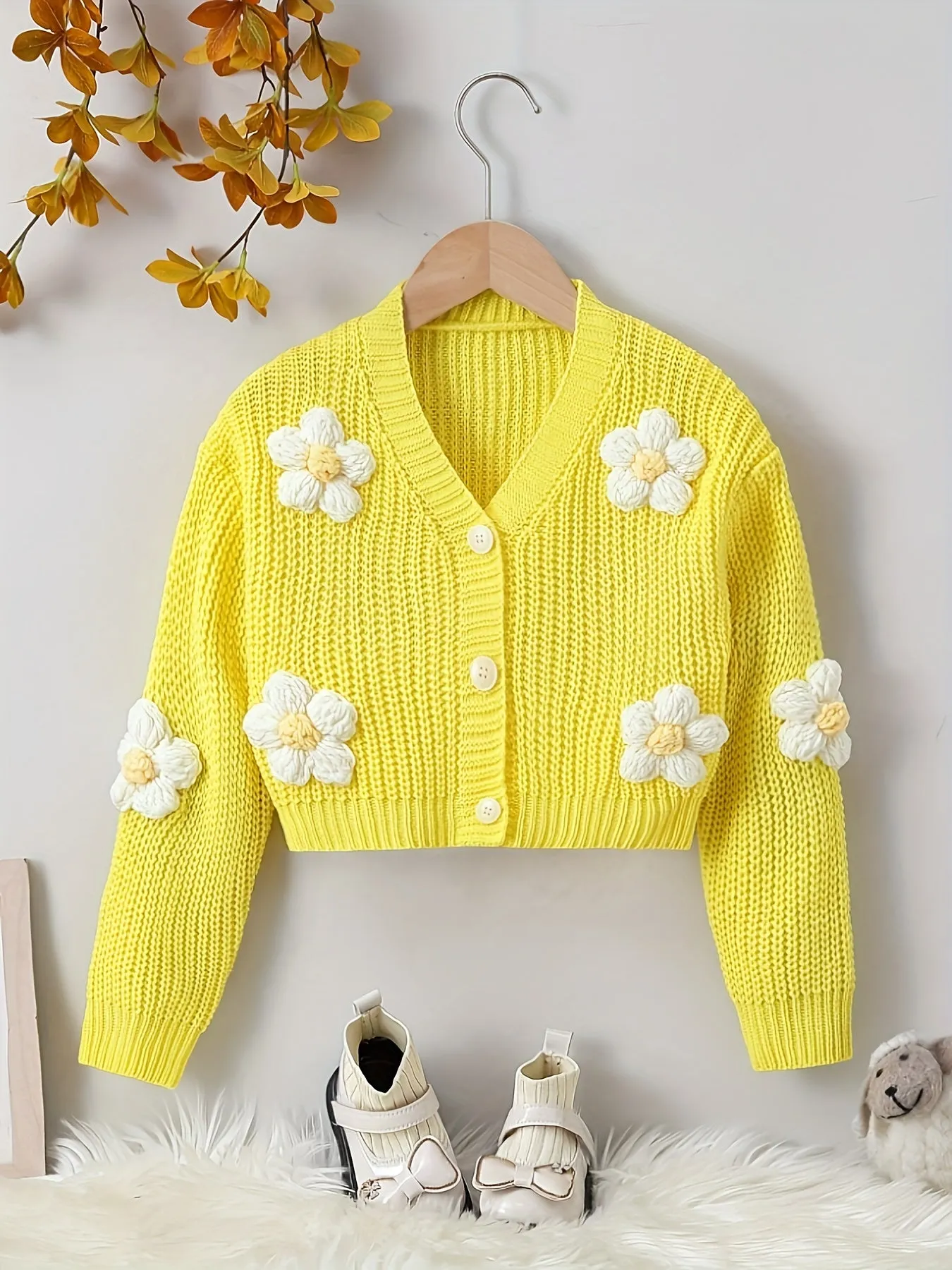 Baby's Flower Decor Knitted Cardigan, Casual Button Front V-neck Sweater, Toddler & Infant Girl's Clothing