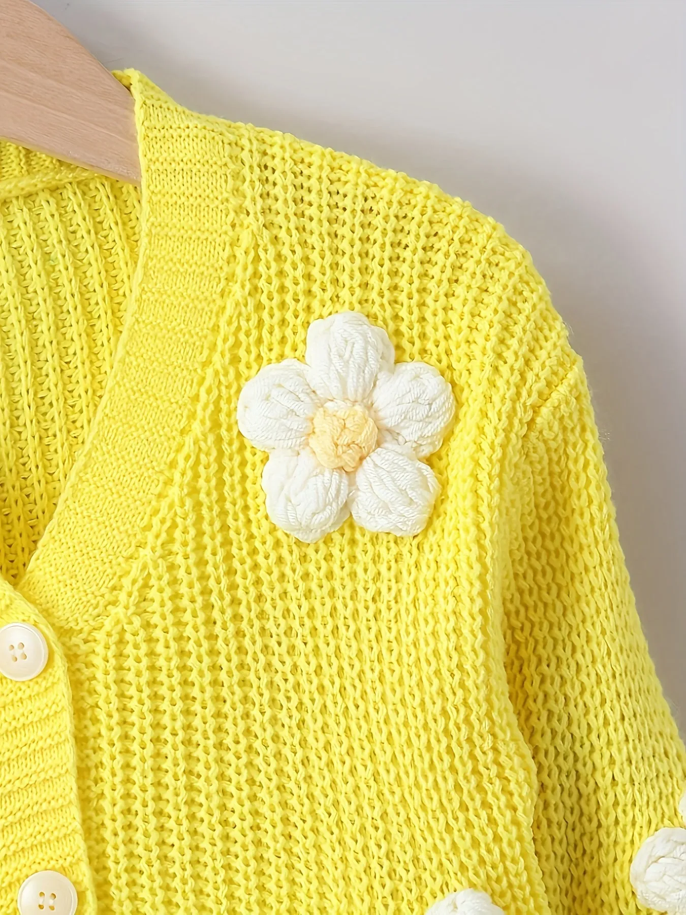 Baby's Flower Decor Knitted Cardigan, Casual Button Front V-neck Sweater, Toddler & Infant Girl's Clothing