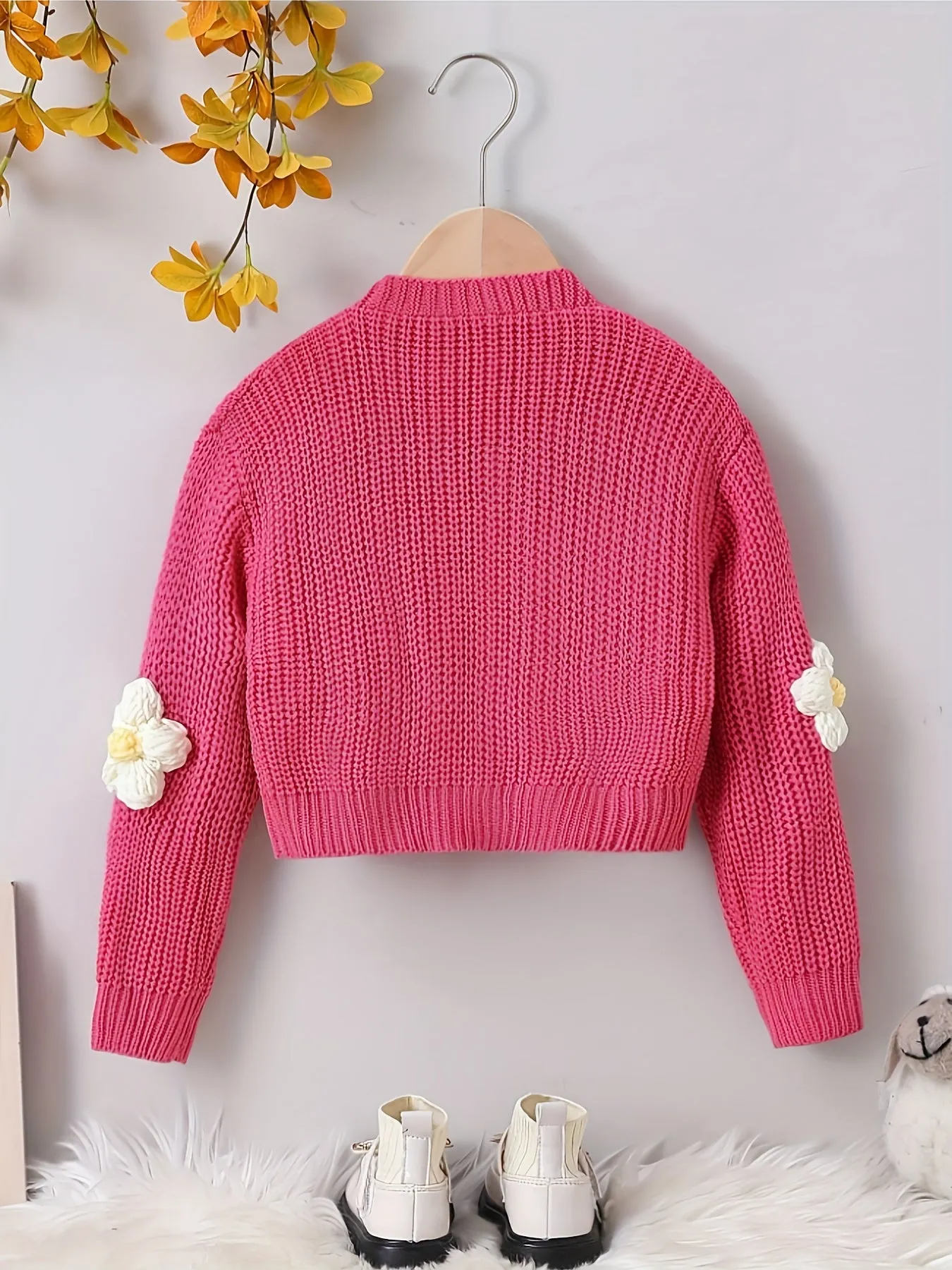 Baby's Flower Decor Knitted Cardigan, Casual Button Front V-neck Sweater, Toddler & Infant Girl's Clothing