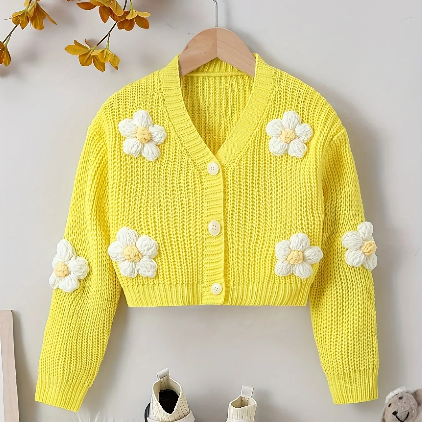 Baby's Flower Decor Knitted Cardigan, Casual Button Front V-neck Sweater, Toddler & Infant Girl's Clothing