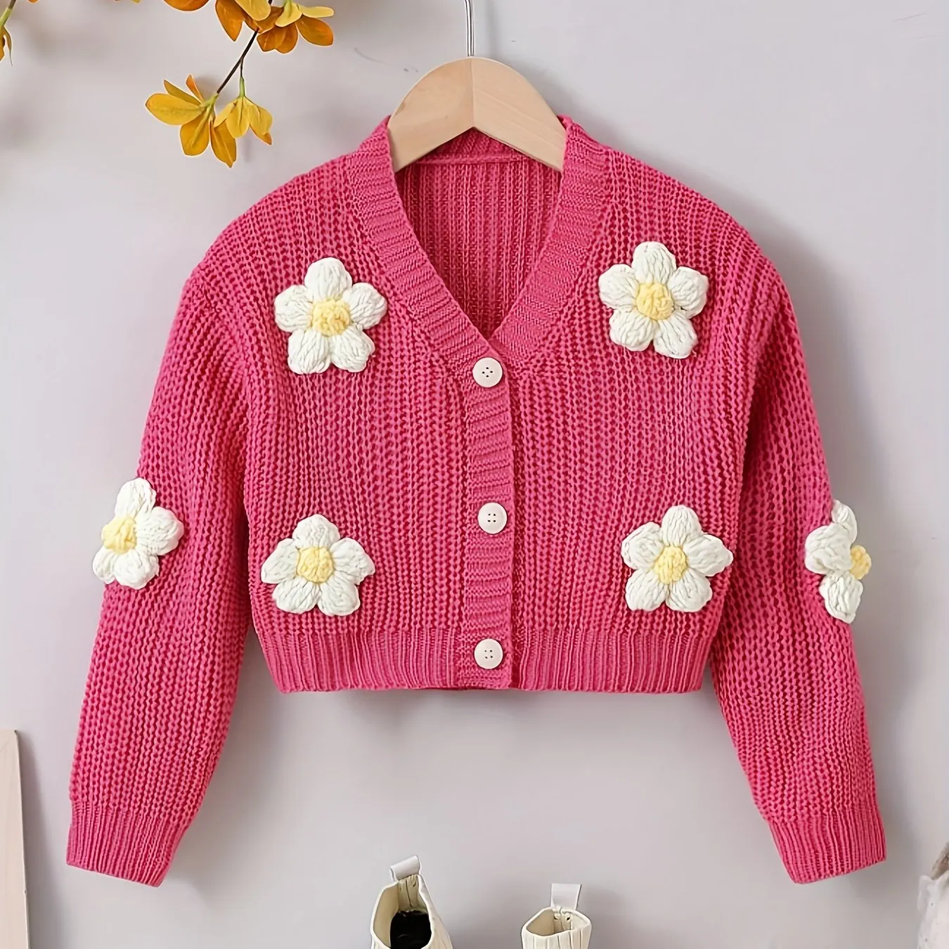 Baby's Flower Decor Knitted Cardigan, Casual Button Front V-neck Sweater, Toddler & Infant Girl's Clothing