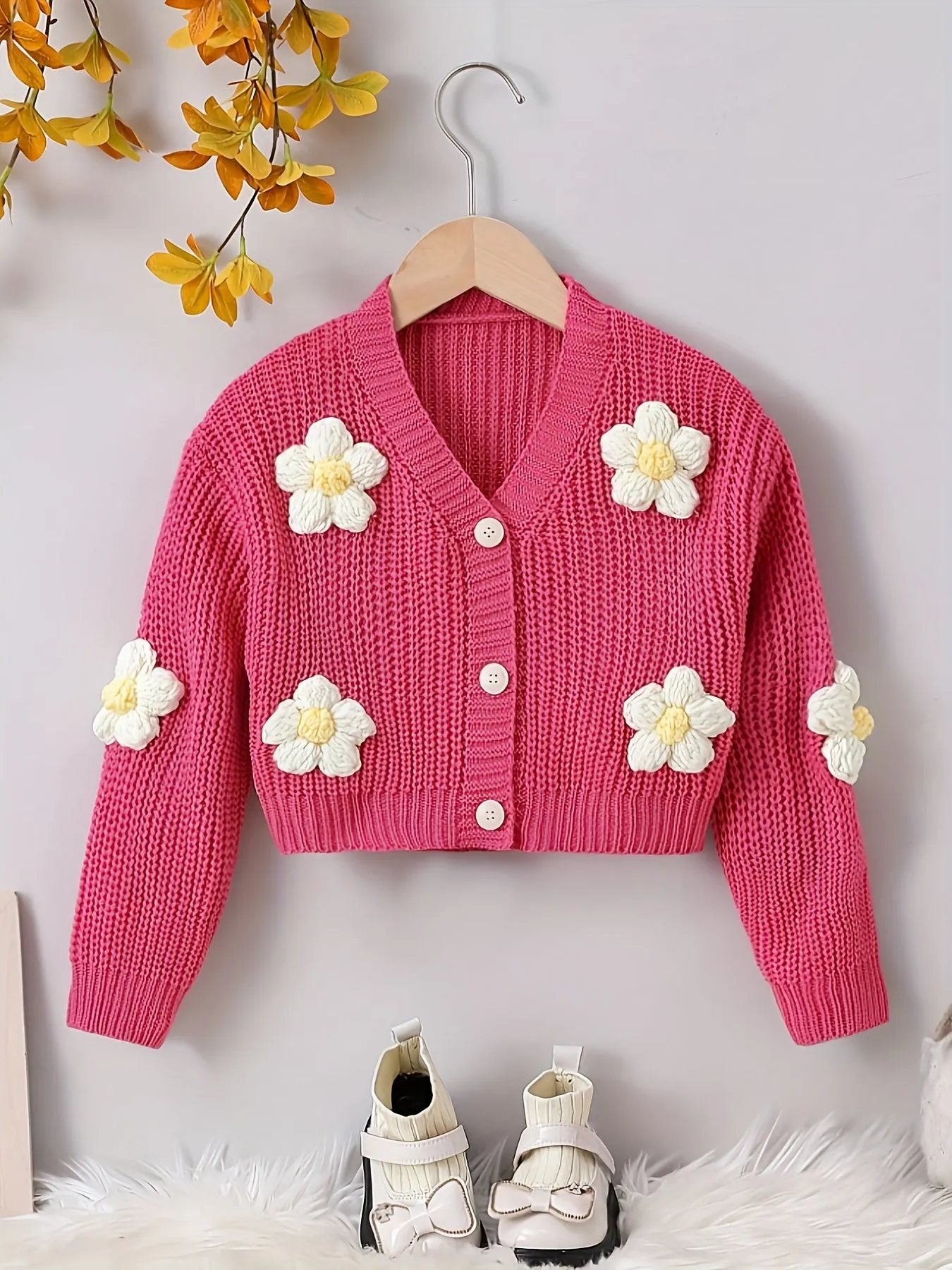 Baby's Flower Decor Knitted Cardigan, Casual Button Front V-neck Sweater, Toddler & Infant Girl's Clothing