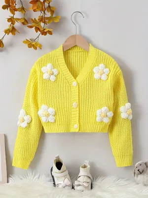 Baby's Flower Decor Knitted Cardigan, Casual Button Front V-neck Sweater, Toddler & Infant Girl's Clothing