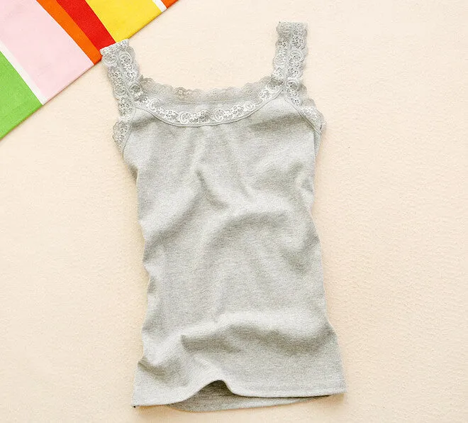 Basic Lace V-neck Vest Women Comfortable Soft Lace Tanks Solid Colot Cotton Lace Tank Top Tunic